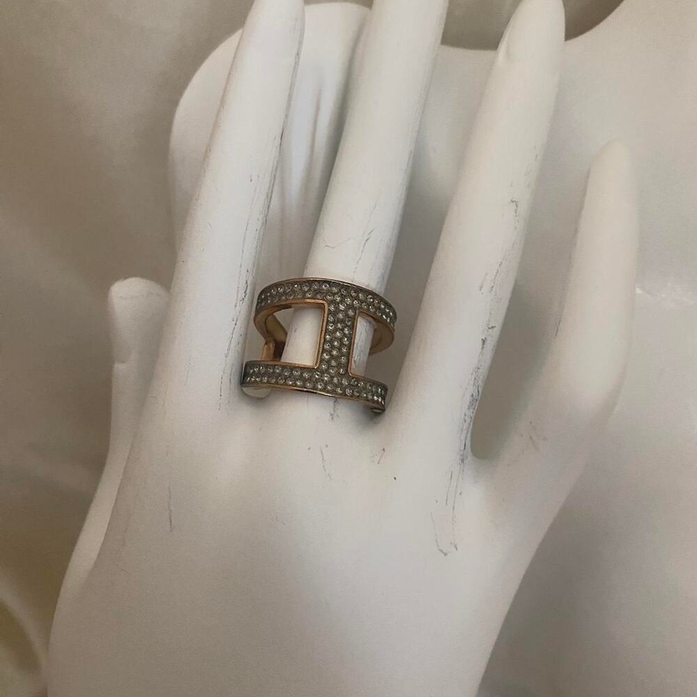 Michael Kors Gold Tone Pavé Crystal Logo Ring Designer Statement Band